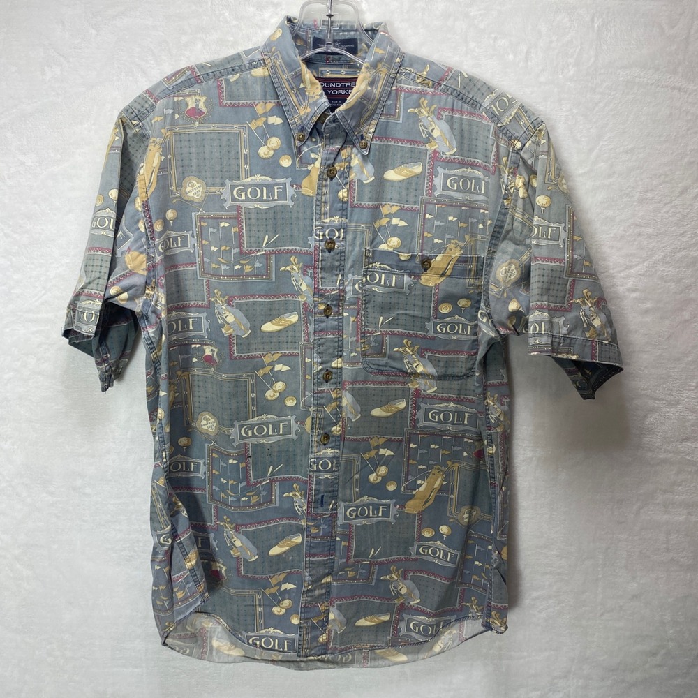 VTG Roundtree & Yorke Golf Print Short Sleeve Button Up Shirt Men's Gray Small